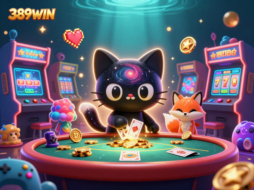 Experience the magic of 389WIN with a cosmic-themed casino scene filled with vibrant gaming elements.