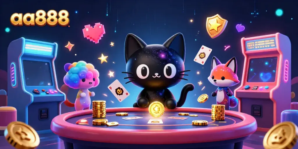 Engage with thrilling games at aa888, featuring a cosmic casino scene with a black hole cat and vibrant arcade elements.
