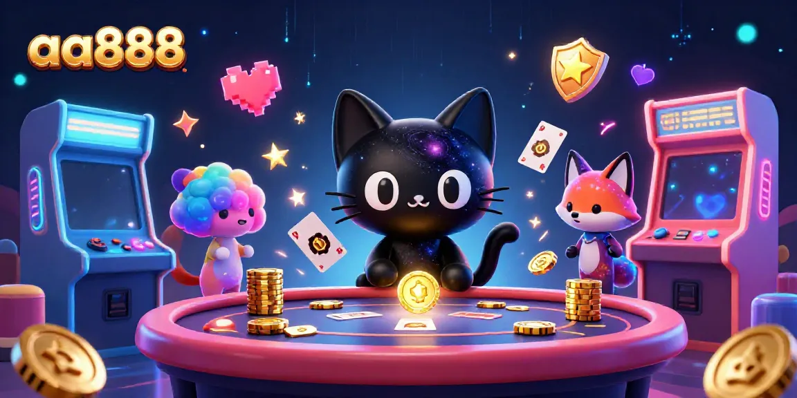 Engage with thrilling games at aa888, featuring a cosmic casino scene with a black hole cat and vibrant arcade elements.