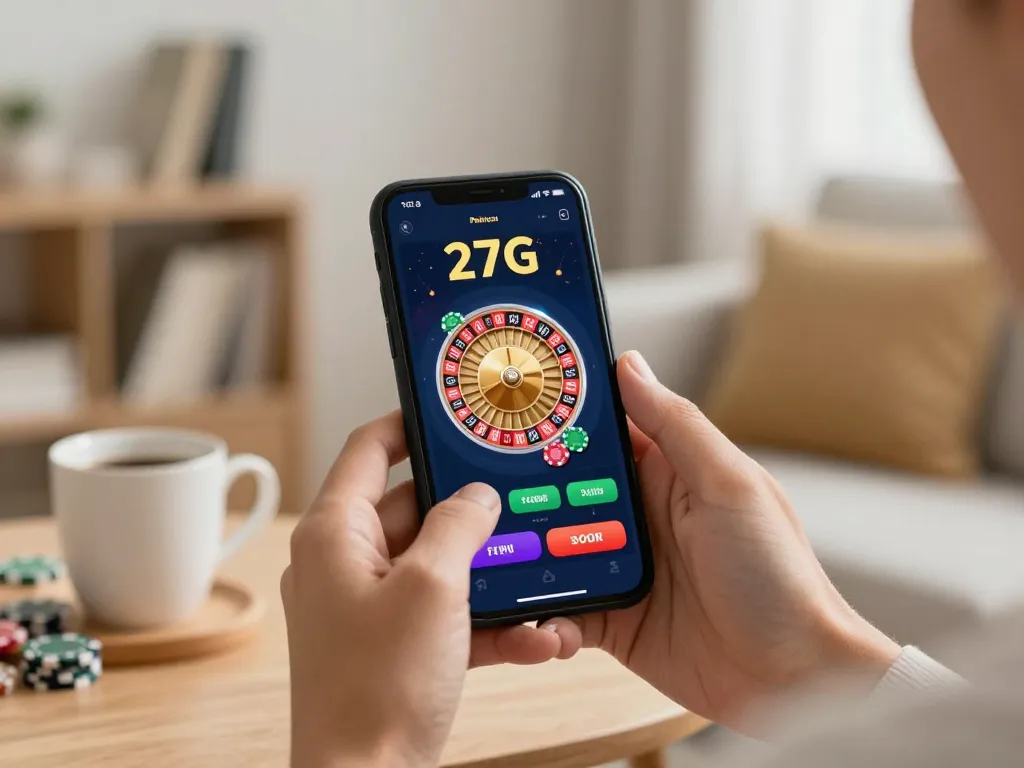 Engaging with 27G online casino app on smartphone, showcasing casino interface in a cozy setting.