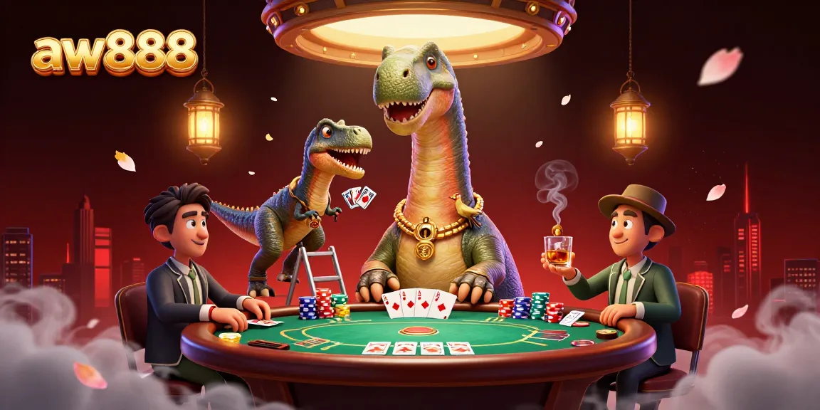 Experience excitement with aw888 as a brontosaurus and raptor deal cards at a lively poker table.