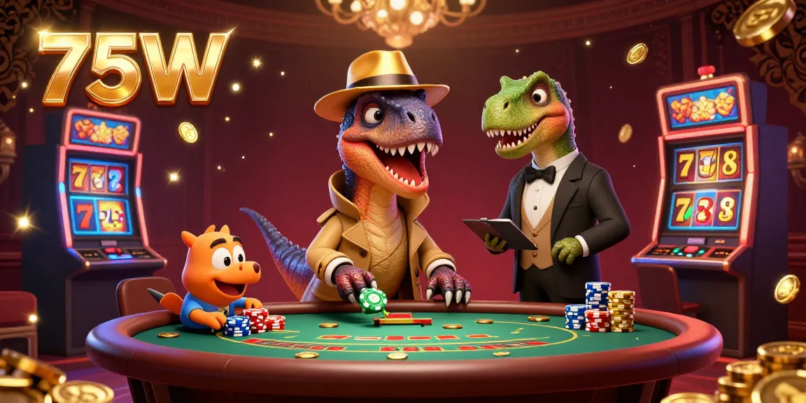 Experience the thrill of gambling with 75W as a velociraptor card counter amid casino action.