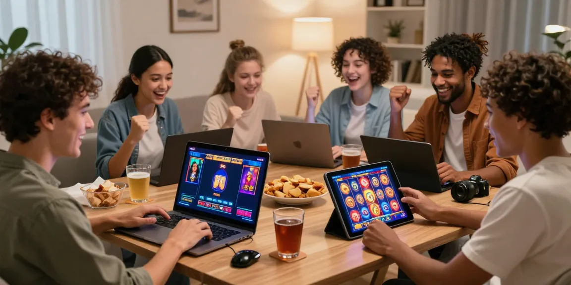 Jogadores se divertindo com Slot online em uma sala moderna, celebrando vitórias em jogos de casino.