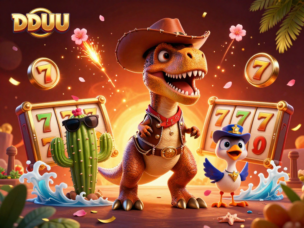 Experience the thrill of DDUU's slots in a vibrant, animated scene featuring a dinosaur and friends.