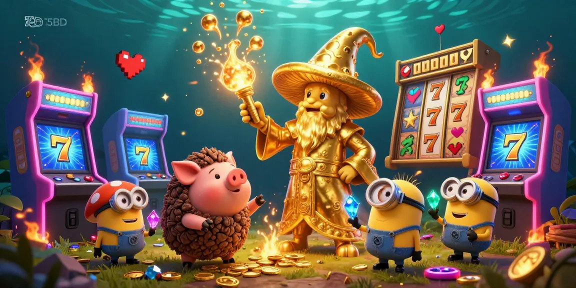 75BD captivates players with golden wizard treasures and vibrant slot elements in a dynamic casino scene.