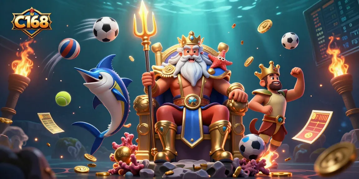 C168 sports betting illustration featuring Neptune and samurai with dynamic game elements