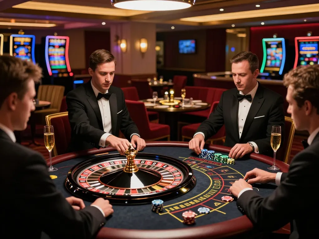 Players placing bets at the Go8 roulette table with a live dealer in a luxurious casino.