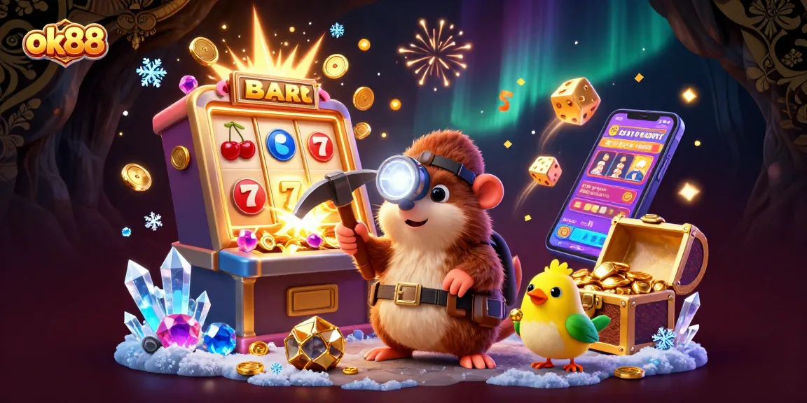 Experience thrilling jackpots with ok88 in a vibrant 3D casino scene full of treasures.