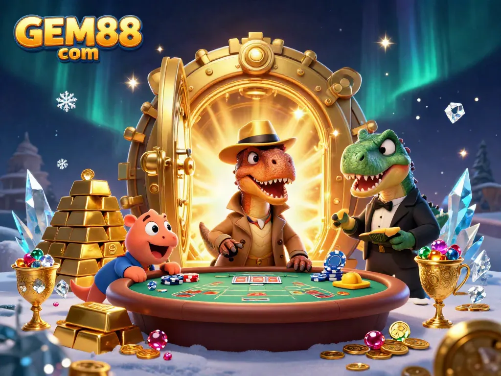 Experience GEM88 com excitement at the blackjack table with clever dinosaurs amidst sparkling treasures.
