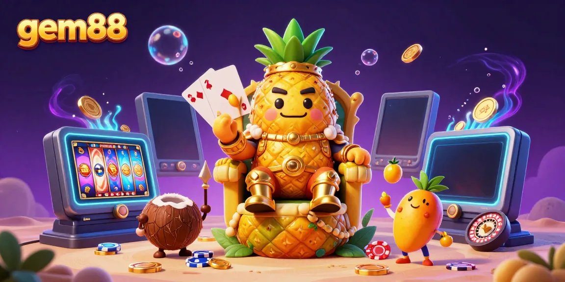Experience thrilling gameplay at gem88 with vibrant casino scenes featuring a playful pineapple king.