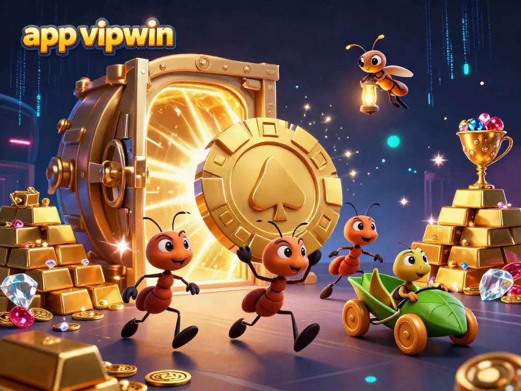 Exciting scene showcasing app vipwin with ants carrying a giant poker chip in a vibrant casino-themed tunnel.