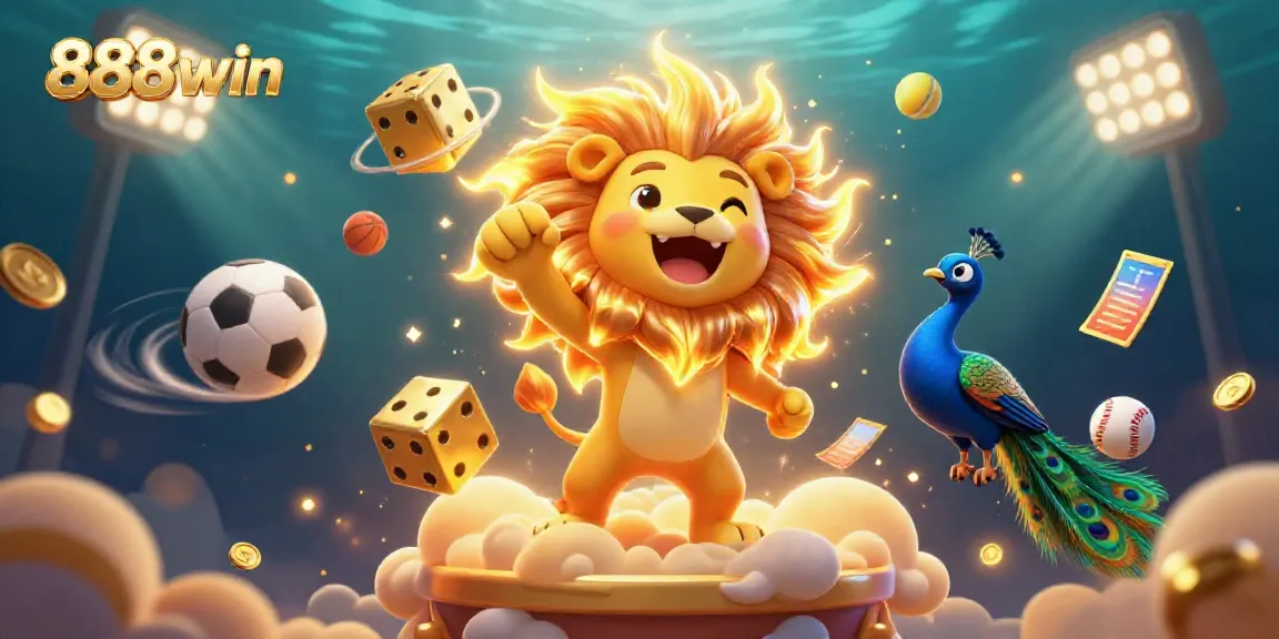 Experience the thrilling energy of 888win with a vibrant 3D illustration showcasing a roaring lion and dynamic sports elements.