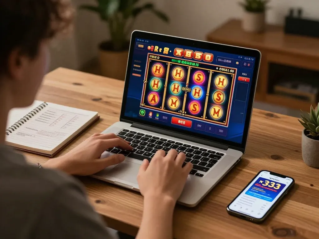 X333 player engaging with online slots from home, showcasing strategic gameplay and app usage.