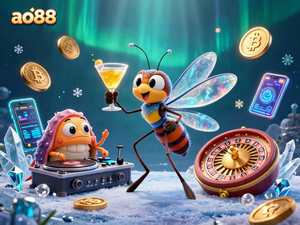 Experience ao88's thrilling atmosphere with a frozen mosquito mascot and a trilobite DJ in a vibrant casino scene.