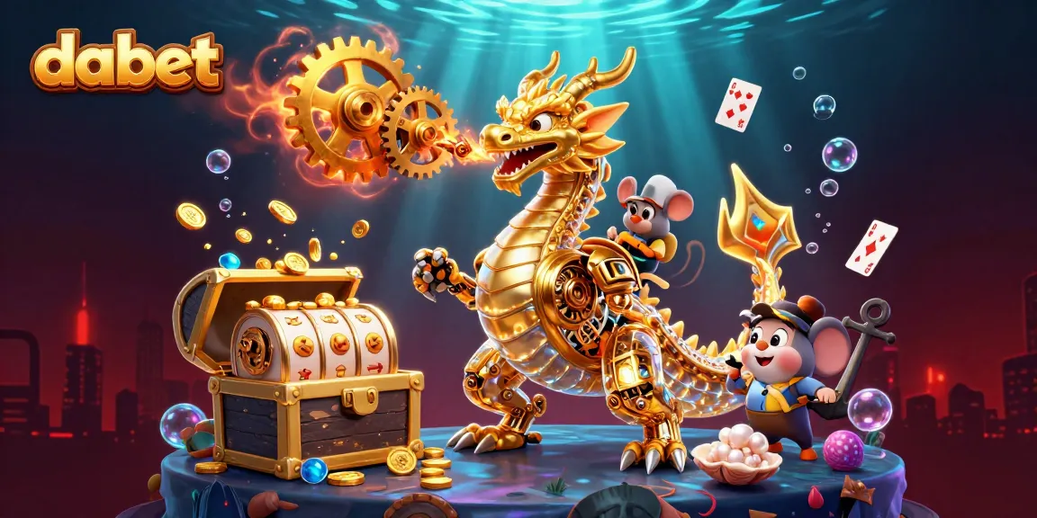 Dabet showcases thrilling slot gaming with a golden dragon and treasure chests in a dynamic casino scene.