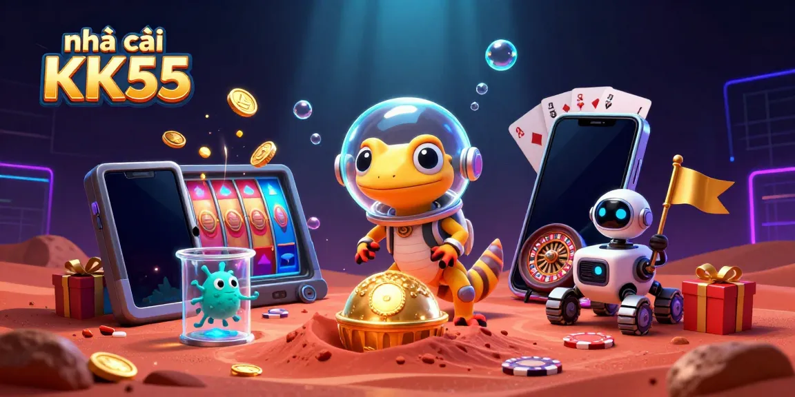 Engaging 3D scene of nhà cái KK55 featuring a Martian gecko and casino-themed elements.