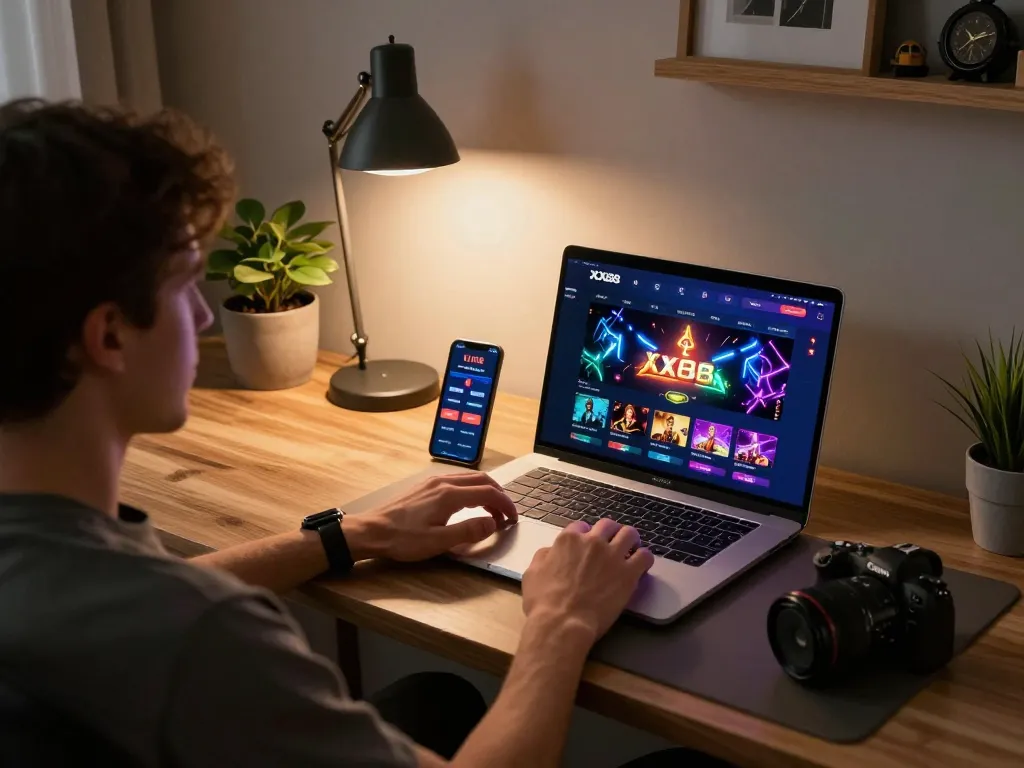 Join the XX88 online gaming experience with an engaging user interface on a modern laptop setup.