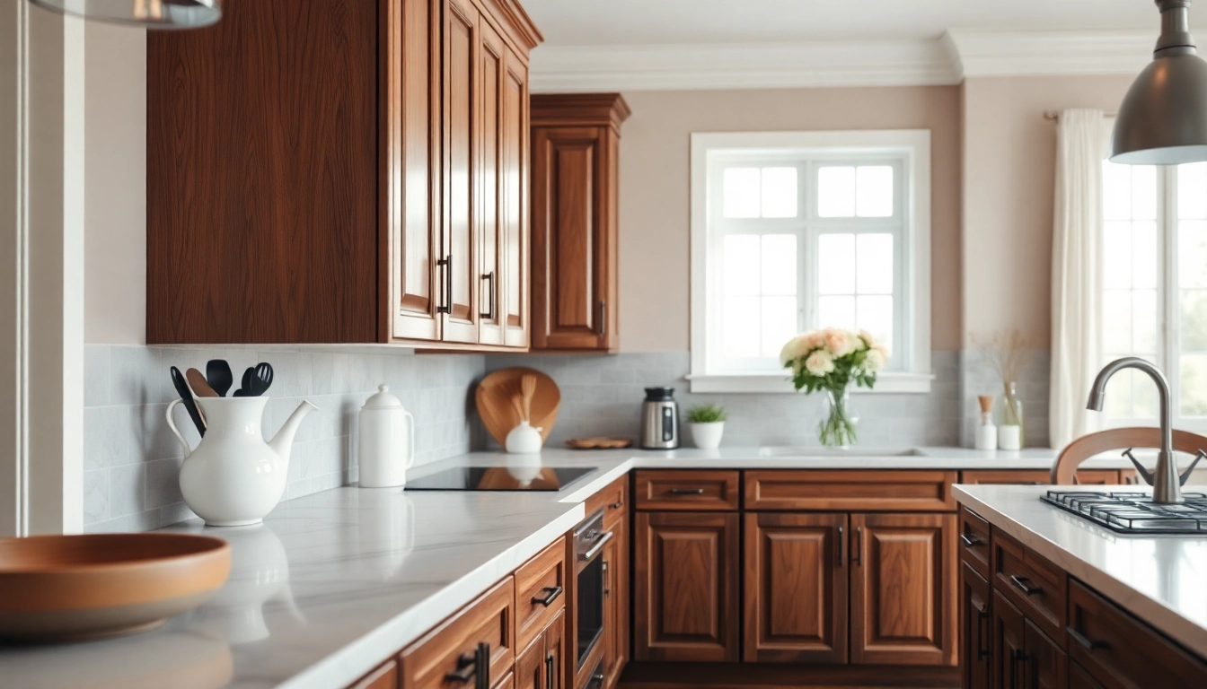 Explore exquisite custom cabinets in a bright kitchen, featuring rich walnut finishes and elegant design.