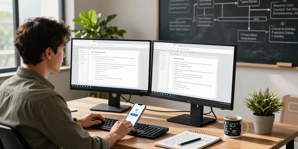 Download WPS Office in a modern tech workspace with dual monitors, showcasing productivity tools and workspace essentials.
