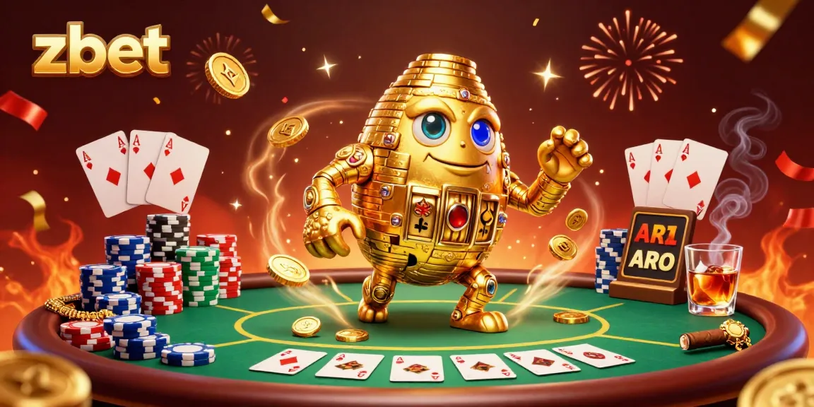 Experience excitement at zbet with a golden golem, vibrant poker elements, and festive confetti.