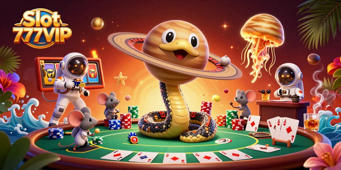 Experience the excitement of Slot 777VIP with vibrant visuals of jackpot spins and playful astronaut mice.