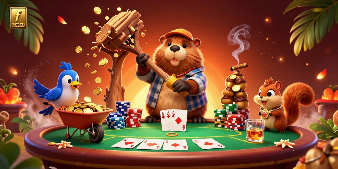 Engage with f 168 through a vibrant 3D scene of a cartoon lumberjack beaver, poker chips, and gold coins.