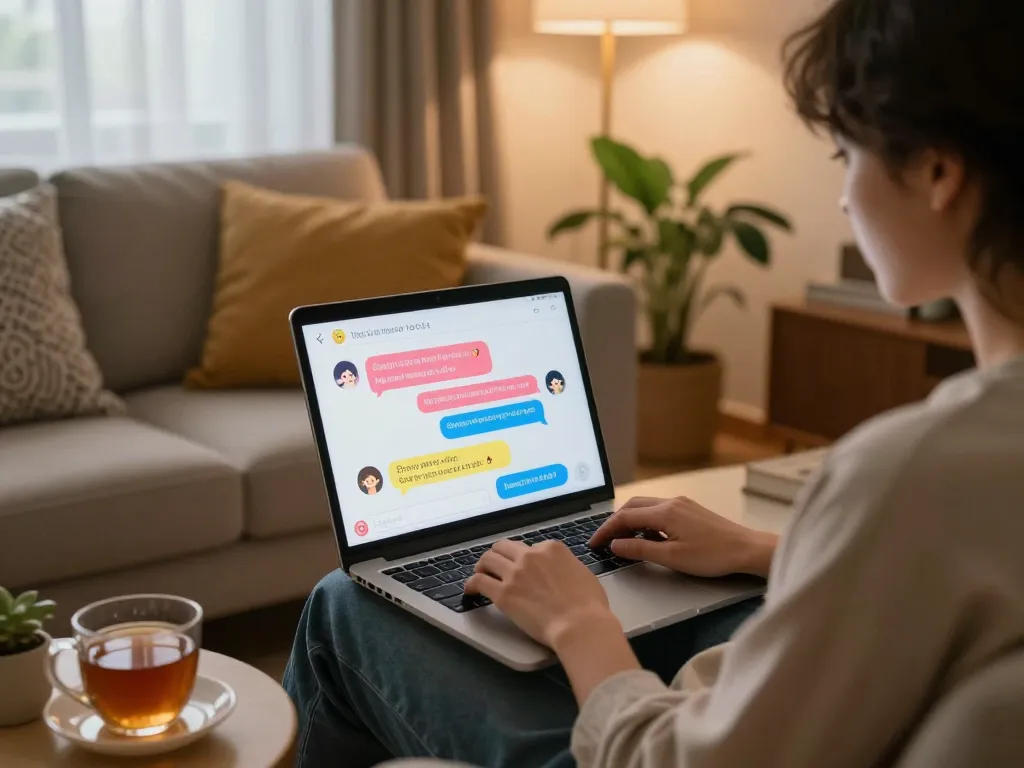 Engaging chat with crush on ai in a cozy living room, individual interacting with colorful character responses on a laptop.