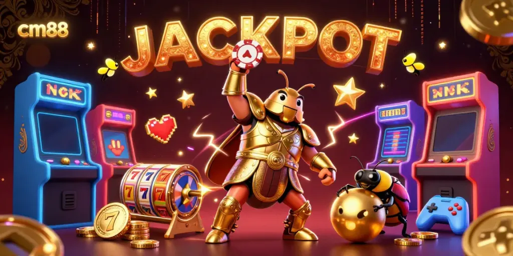Engage with cm88 through a vibrant 3D scene celebrating jackpots and casino gaming.