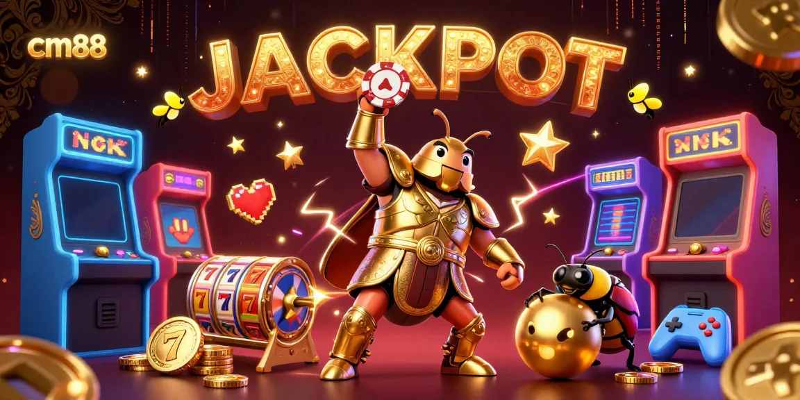 Engage with cm88 through a vibrant 3D scene celebrating jackpots and casino gaming.