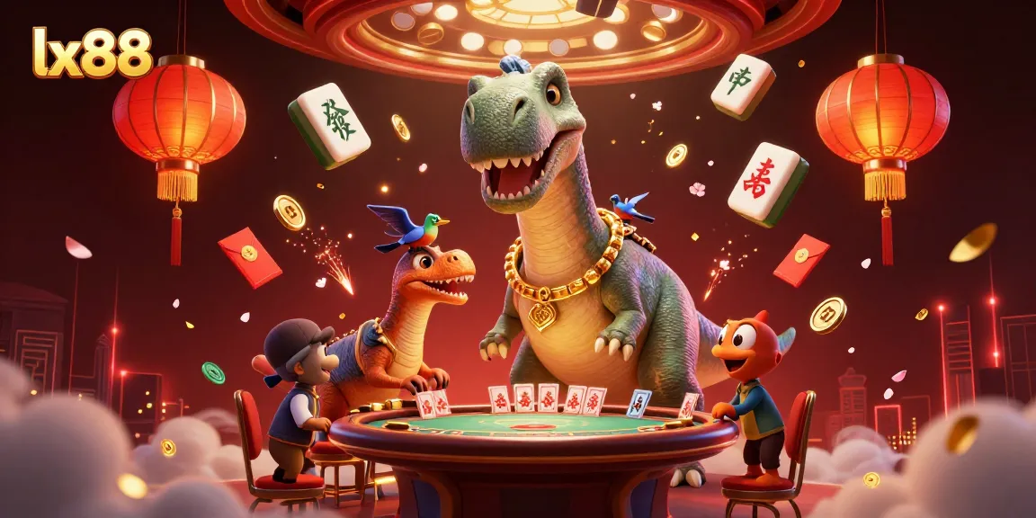 Delve into the thrill of gaming at lx88 with a dynamic casino scene featuring a towering brontosaurus and a clever raptor dealer.