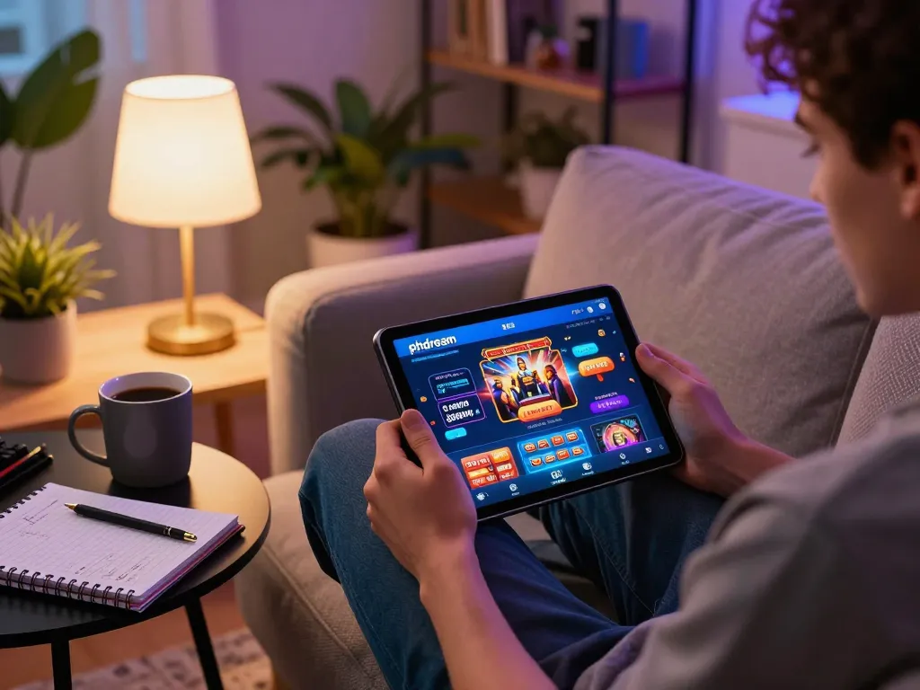 Engaging mobile gaming on the phdream app in a cozy home setting with a stylish atmosphere.