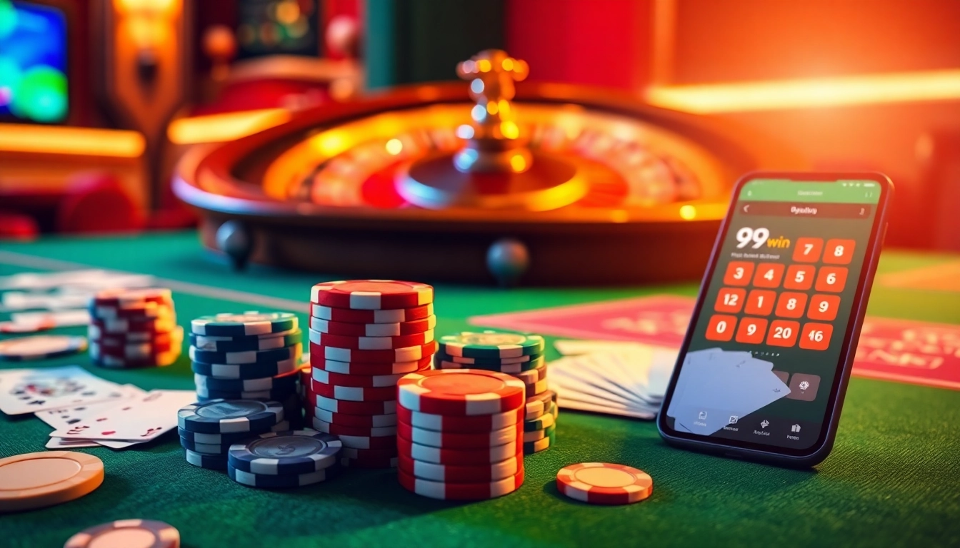 99win casino table with poker chips and cards creating an exciting gambling atmosphere