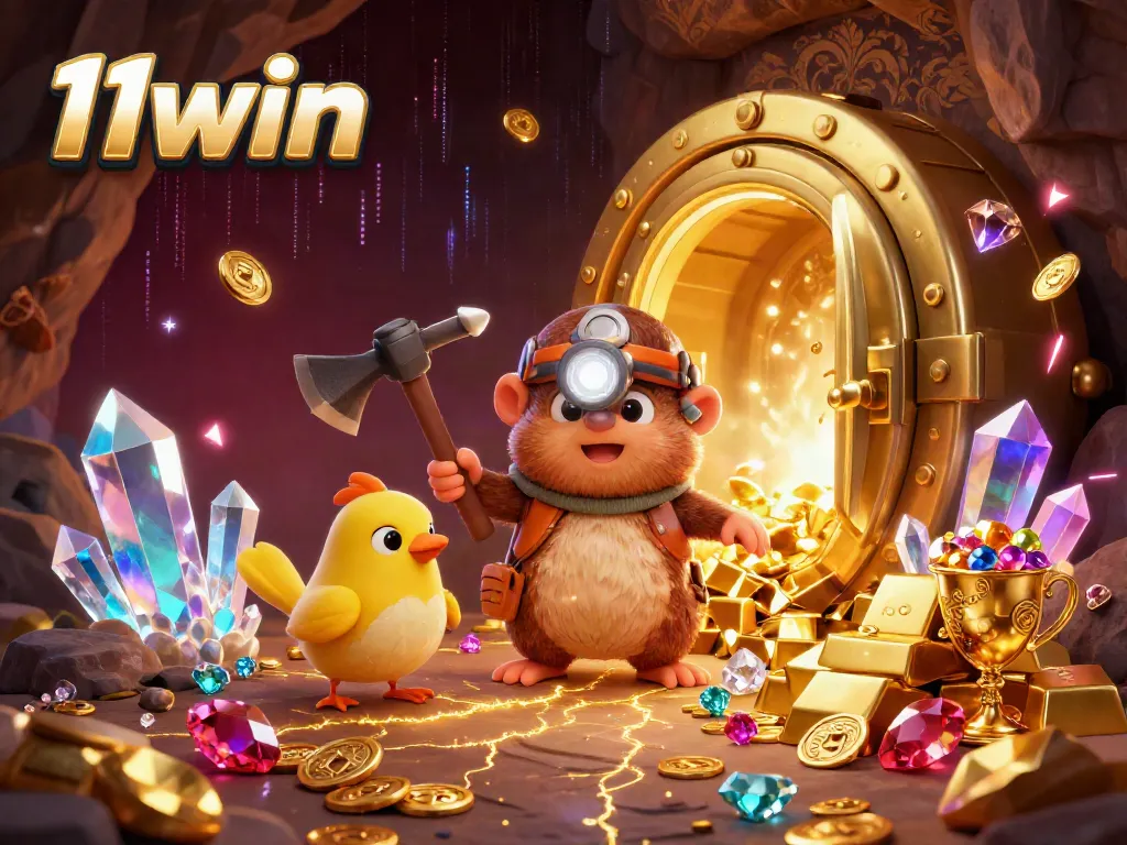 11win treasure hunter mole mining for gold and gems in a vibrant casino-themed cave.