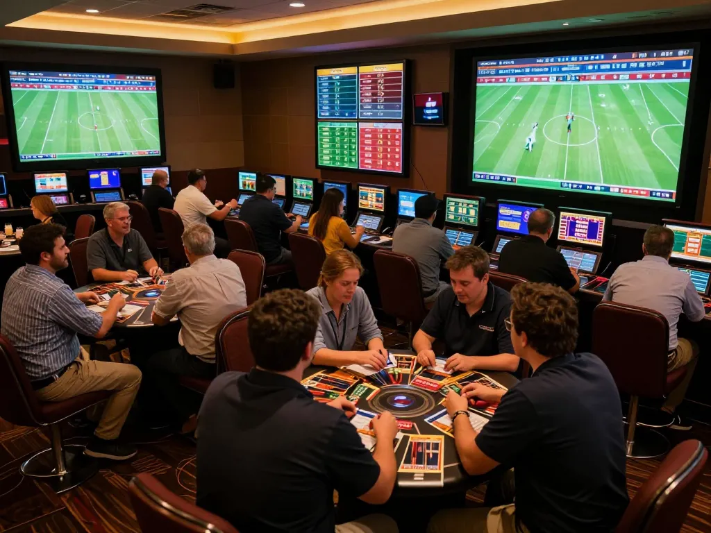 Engaging moment of bettors analyzing soi kèo bóng đá at a lively sports betting venue.
