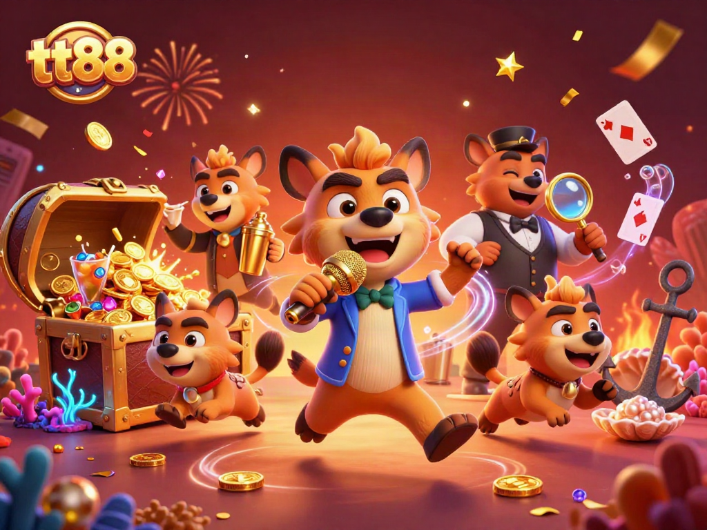 tt88 hyenas entertain at a comedy casino club with golden mic and drinks in vibrant 3D action