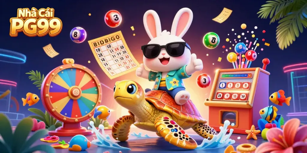 Engaging illustration featuring Nhà Cái PG99's lucky rabbit and golden turtle amidst dynamic lottery elements.