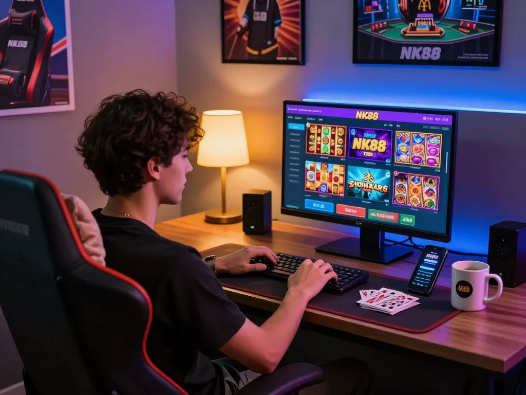 Engaging online gaming setup celebrating nk88 trang chủ with colorful game displays and cozy atmosphere.