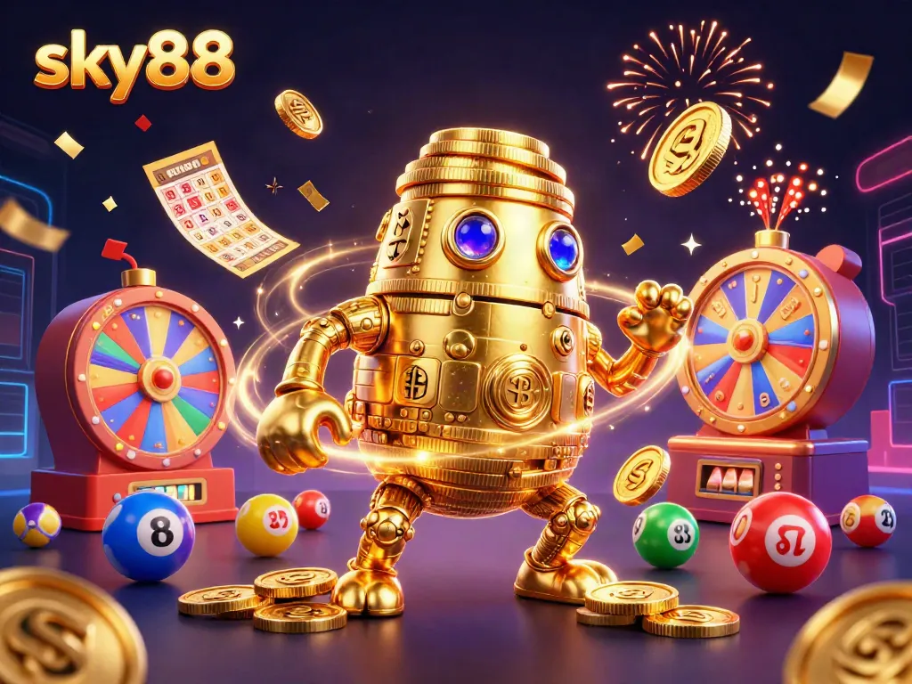 Experience thrilling gaming at sky88 with vibrant slots and lottery elements in an exciting 3D illustration.