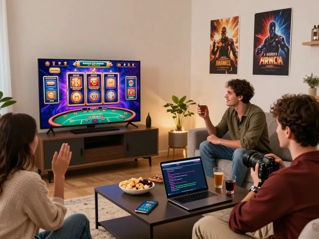 Friends enjoying a gaming night at home, playing tr88 nhà cái casino games together.