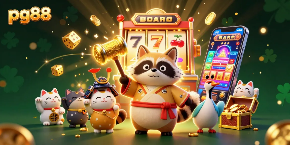 Spin the slots at pg88, featuring a cheerful tanuki and fortune cats in vibrant casino scene.