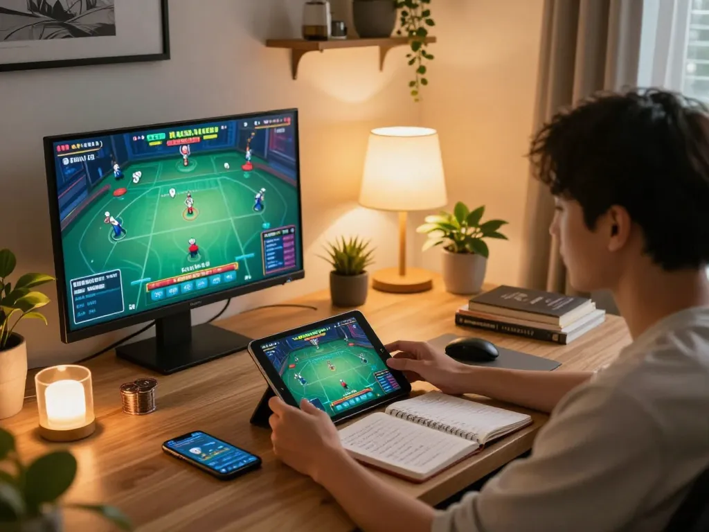 Engaged player strategizing while playing game bài on multiple screens in a cozy home office.