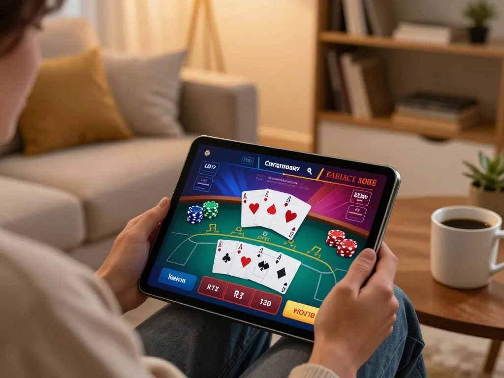 Playing poker on rikvip app in a cozy home setting with warm lighting and stylish decor.