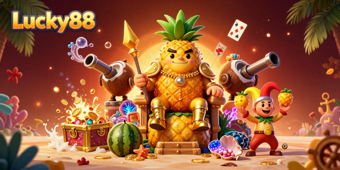 Experience the vibrant world of Lucky88 where the golden pineapple king rules the beach casino.