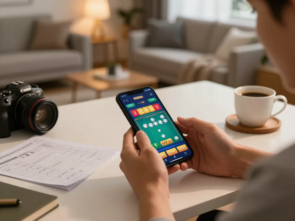Playing tài xỉu online on a smartphone in a cozy home office setup, showcasing vibrant game interface and strategic notes.