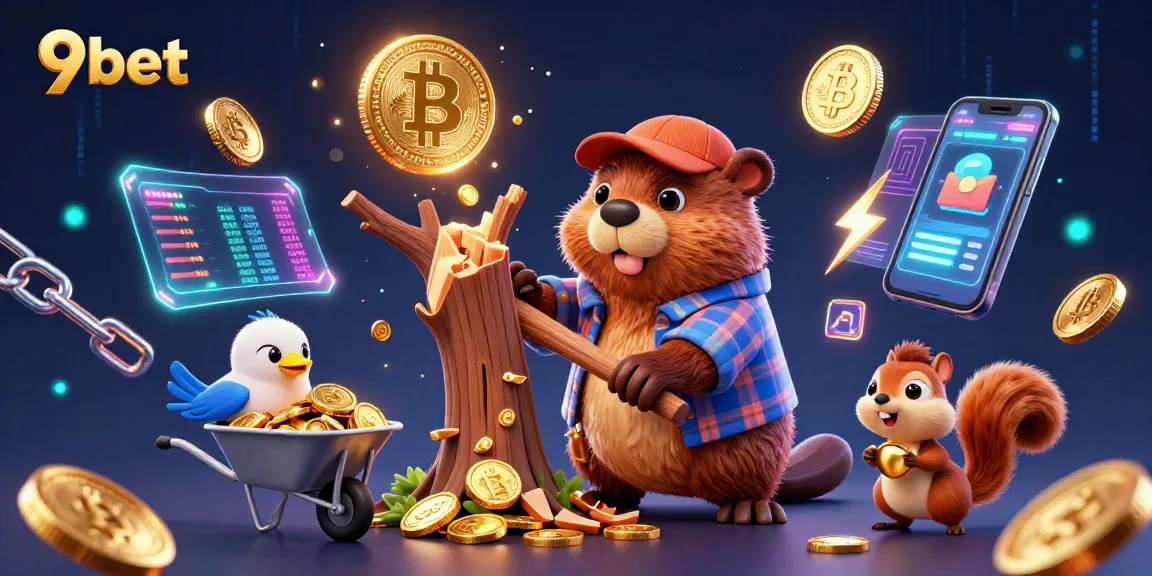 Experience gaming excitement with 9bet while a cartoon lumberjack beaver collects coins.