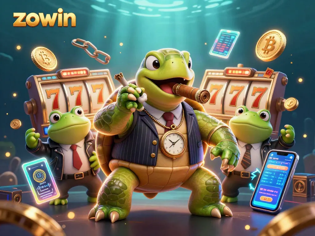 Zowin captures excitement with slot reels and a turtle mobster in a rich casino scene.
