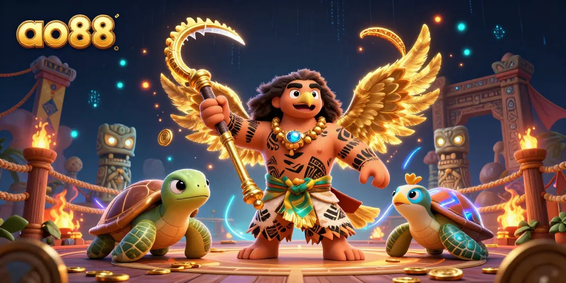 Engage with ao88 as the Maui-style demigod hawk fights for jackpot wins in a vibrant 3D casino scene.