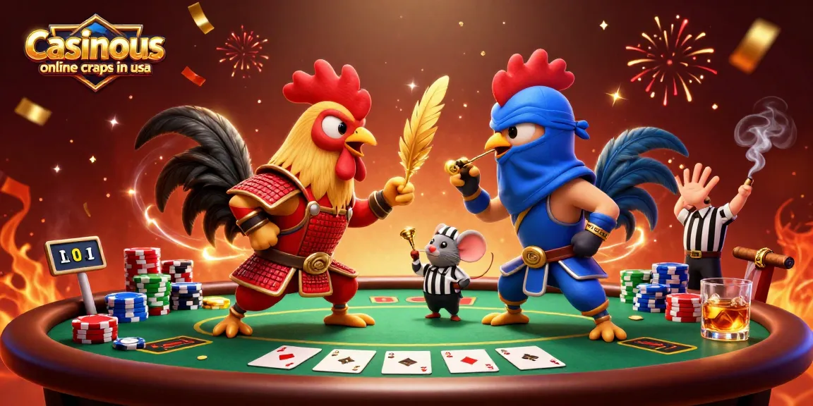 Experience thrilling action with casinous online craps in usa featuring cartoon roosters in a dramatic standoff.