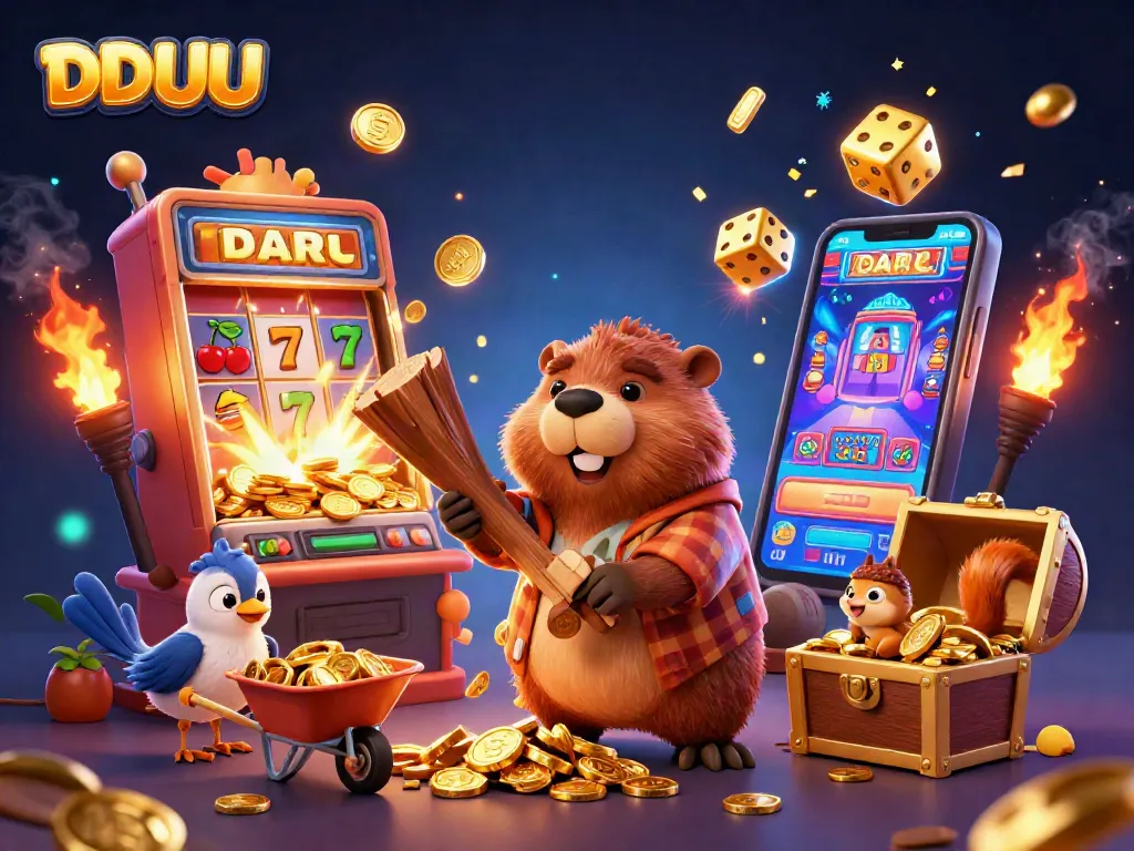 DDUU features a cartoon beaver collecting coins amidst vibrant casino elements and golden treasures.