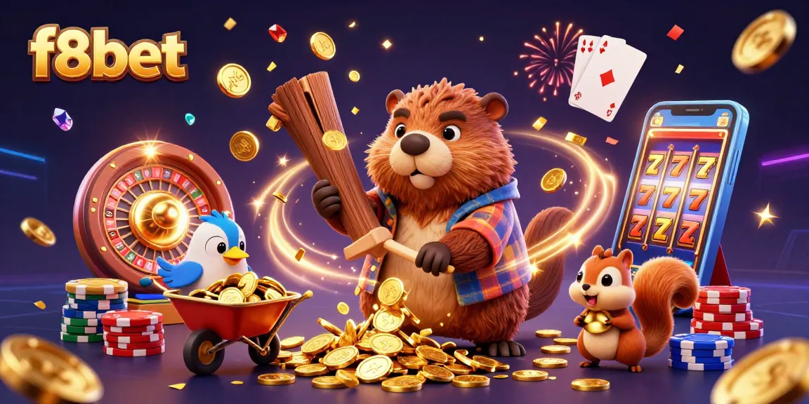 Experience the excitement of f8bet with a vibrant illustration showcasing cartoon characters celebrating big wins in a casino setting.